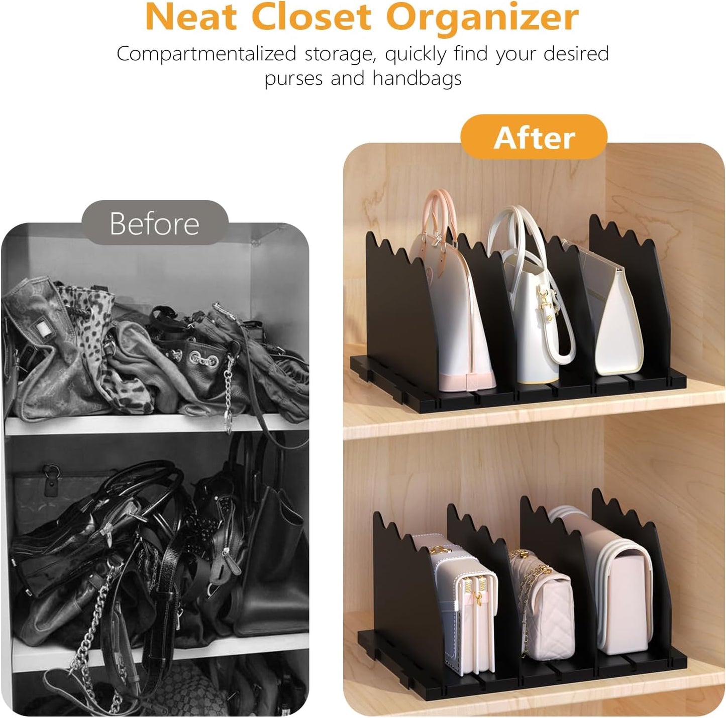 Ronlap Purse Storage Organizer for Closet, Black Closet Bag Storage Dividers Rack Shelf Purse Dividers for Closet Organization Handbag Separators Closet Purse Organizers and Storage, 4 Pack, Black