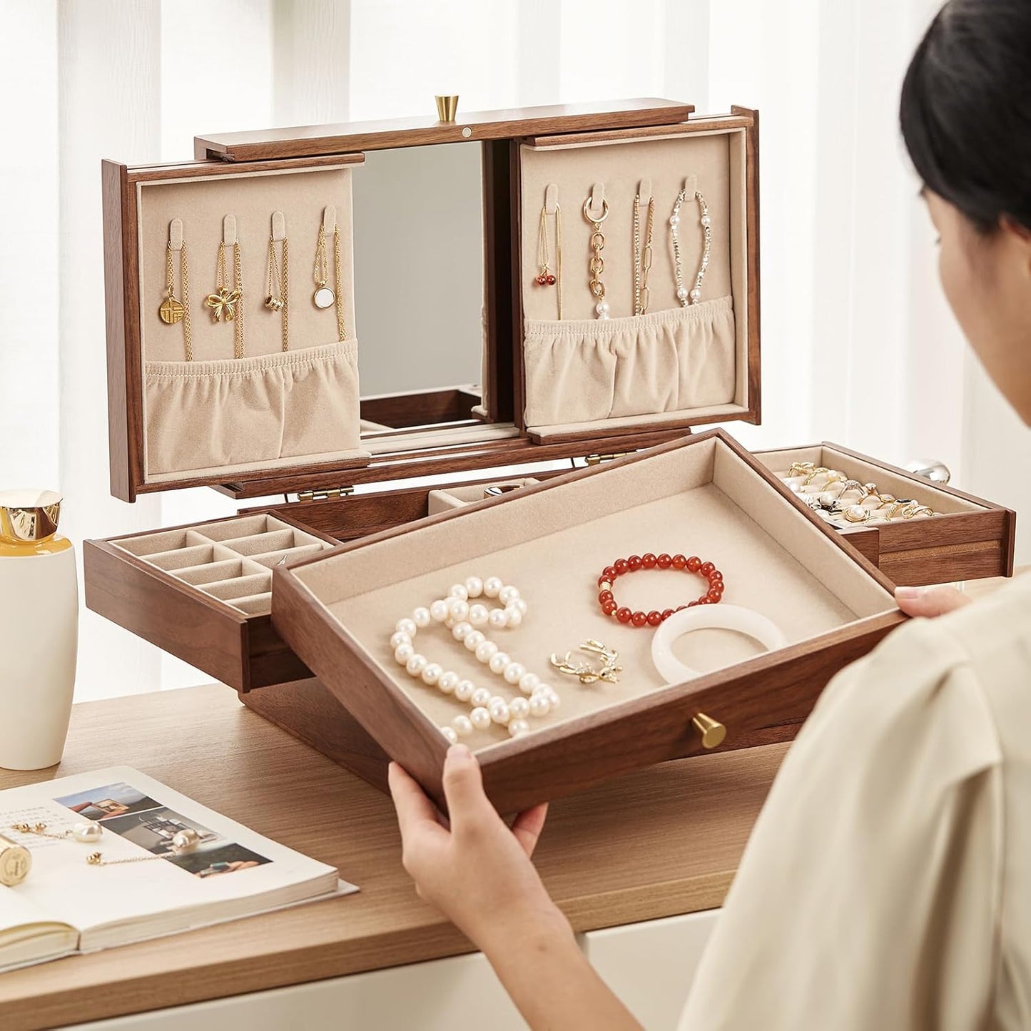 CHOSIN Black Walnut Wooden Jewelry Box for Women, 3 Level Multi-functional Drawer Organizer Box Watch Necklace Ring Earring Storage
