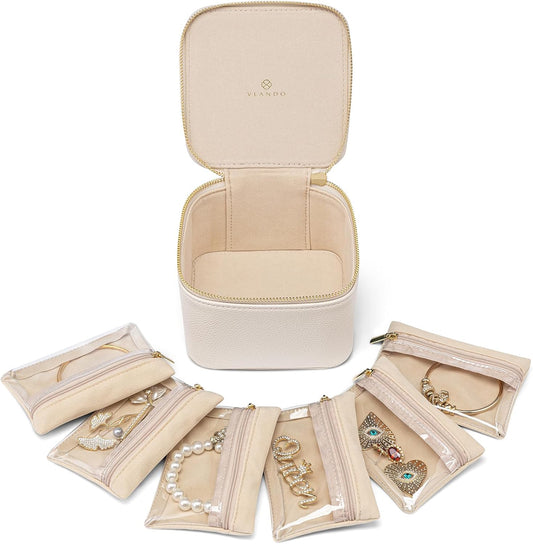 Vlando Small Jewelry Box Organizer,Travel Jewelry Storage with 6 Velvet Jewelry Zipper Pockets,Travel Jewelry Case Valentines Gifts Birthday Gifts for Women Girls (White)