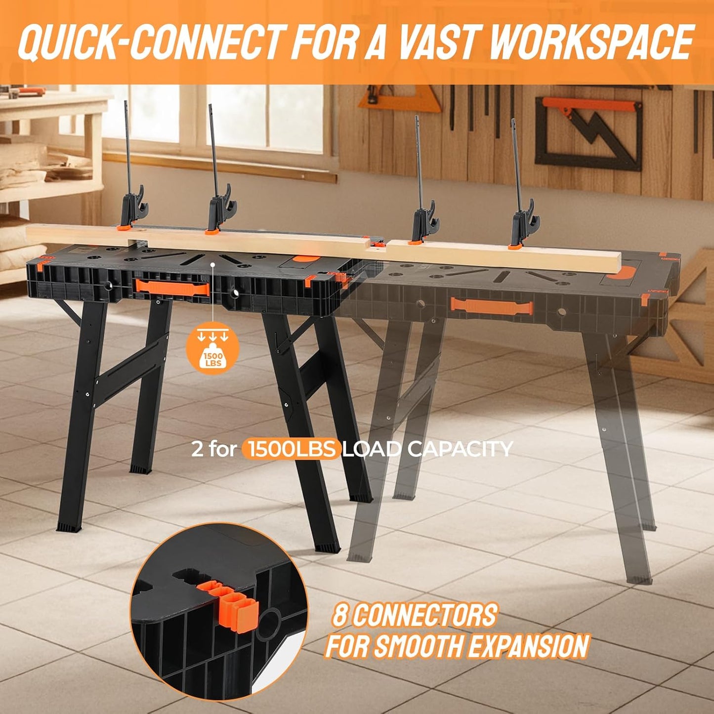 TLGREEN Folding Work Table,2 Pack,Express Portable Workbench Set of 2, Lightweight Workbench with Clamps Dogs, Clamps,Power Strip,for Garage,Table Saw,Home,Workshop,330lbs Load Capacity