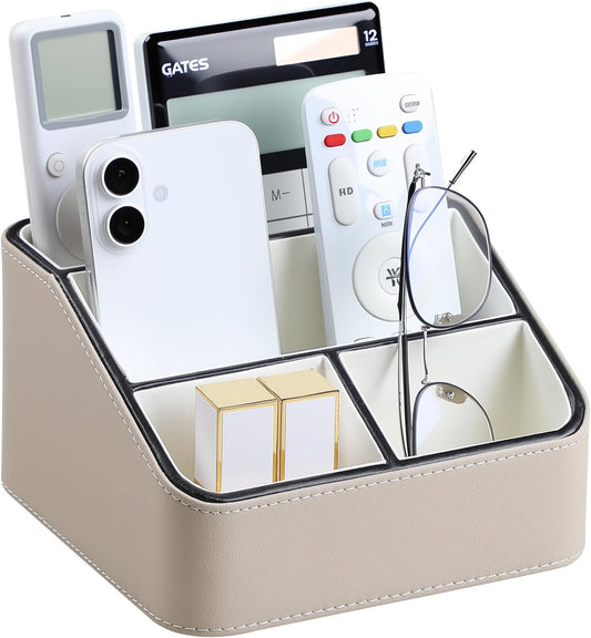 Remote Control Holder, PU Leather Small Desk Organizer with 4 Compartments, Nightstand Organizer Desk Caddy for Remote, Notepad, Phone, Glasses, and Accessories (Beige)