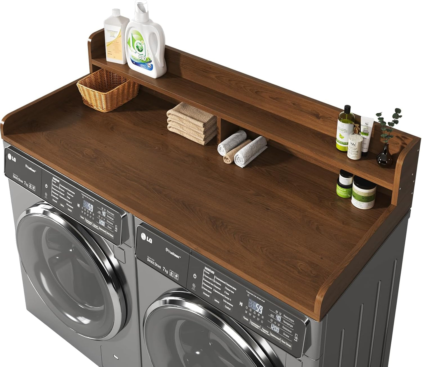 2-Tier Washer and Dryer Countertop with 2.75" H Guard,58" W x 28" D Laundry Countertop Cover with Non-Slip Pad,Large Space Laundry Topper for Folding Clothes Over Washer and Dryer-Brown
