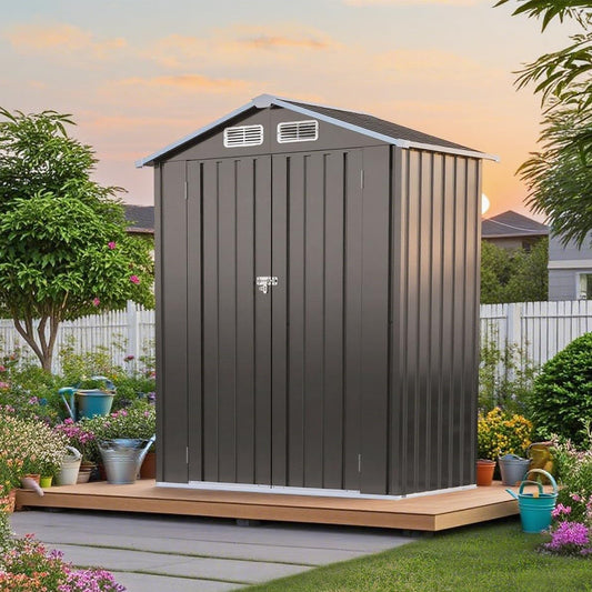 5x3 FT Outdoor Storage Shed, Metal Shed with with Peaked Roof, Lockable Door, All-Weather Lean to Resin Shed for Garden, Backyard, Patio, Lawn (Gray)