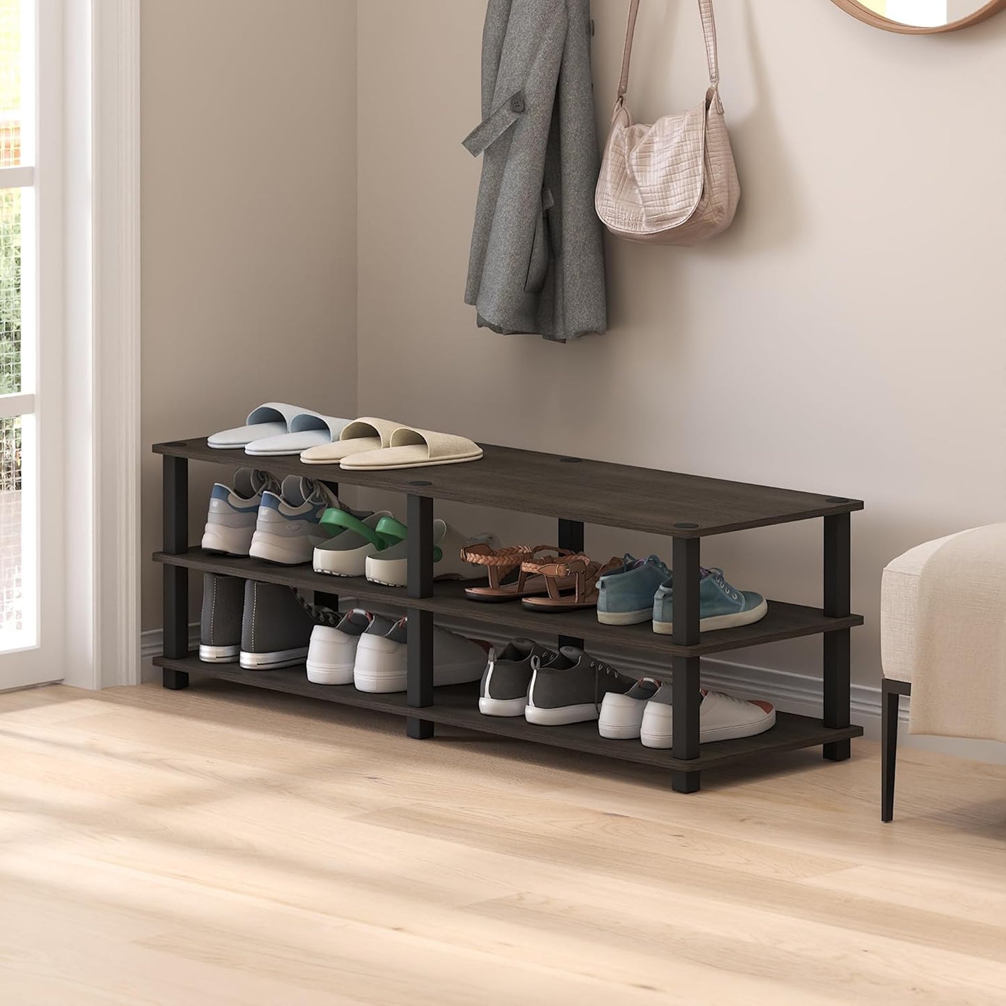 Furinno 14038DBR/BK TST No Tools 3-Tier Wide Shoe Storage Rack, Dark Brown/Black 47 Inch