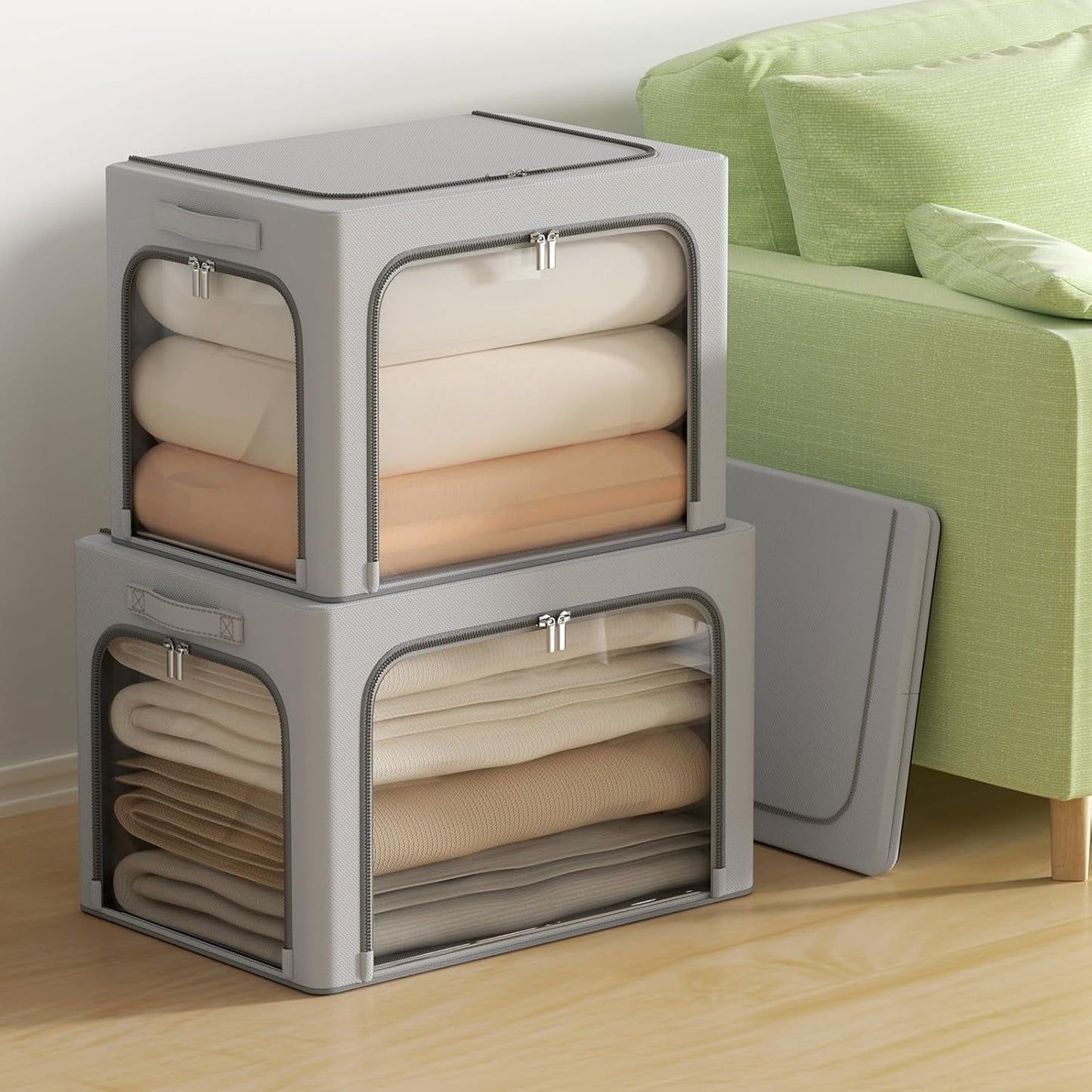 3Pack Clothes Storage Bins - Oxford Frame Storage Box Foldable Stackable Storage Organizer with 3 Openings Design, Metal Frame, Clear Window, Carry Handles (Grey, 100L-23.6 * 16.5 * 15.7in)
