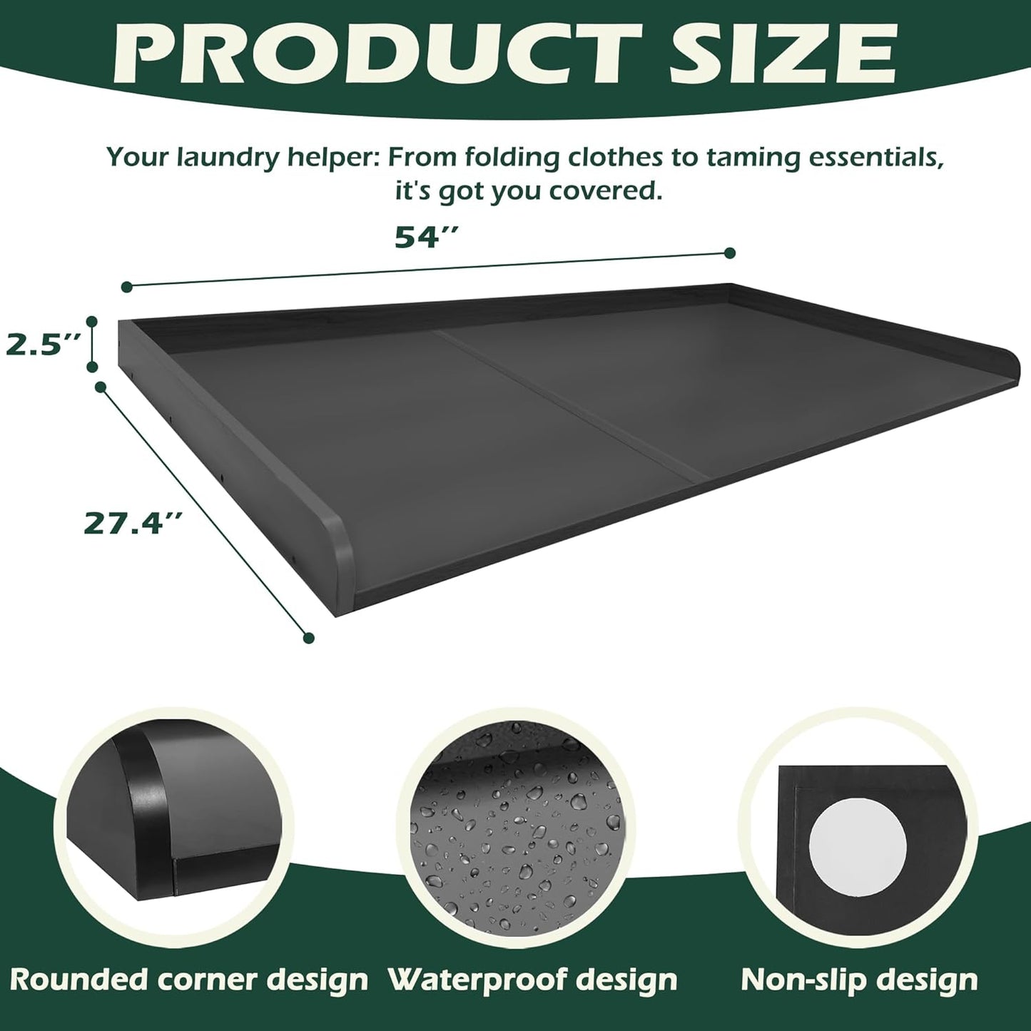 Royxen Washer Dryer Countertop, 27.4" x 54" Wood Universal Fit, Washer Dryer Topper, Laundry Room Organization, Laundry Countertop for Laundry Organization, Black