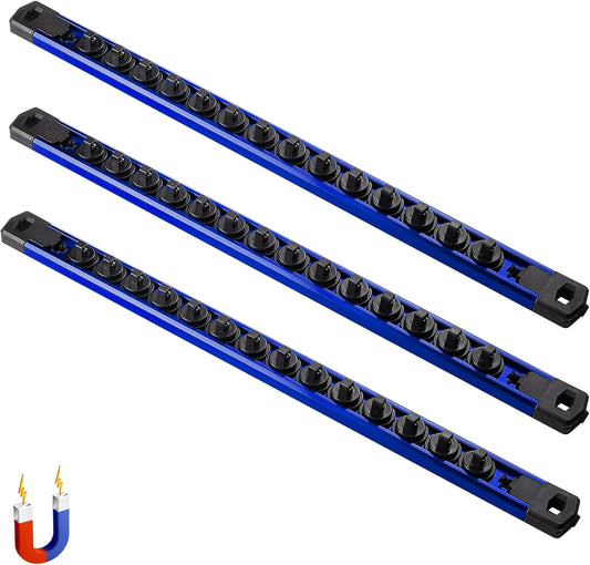 ALOANES 3-Piece Magnetic Socket Organizer, Heavy Duty Aluminum Socket Rails Organizer, 360° Swivel Clips Socket Holder Kit for Tool Box, 1/4-Inch Socket Holder x 42 Clips (Blue)