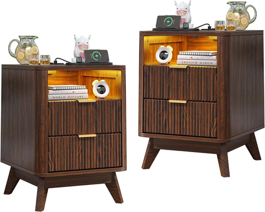 Nightstand with Charging Station, Fluted Nightstand with LED Lights, Modern Rustic Side Table with 2 Storage Drawers, Wooden End Table for Bedroom, Walnut 2pcs