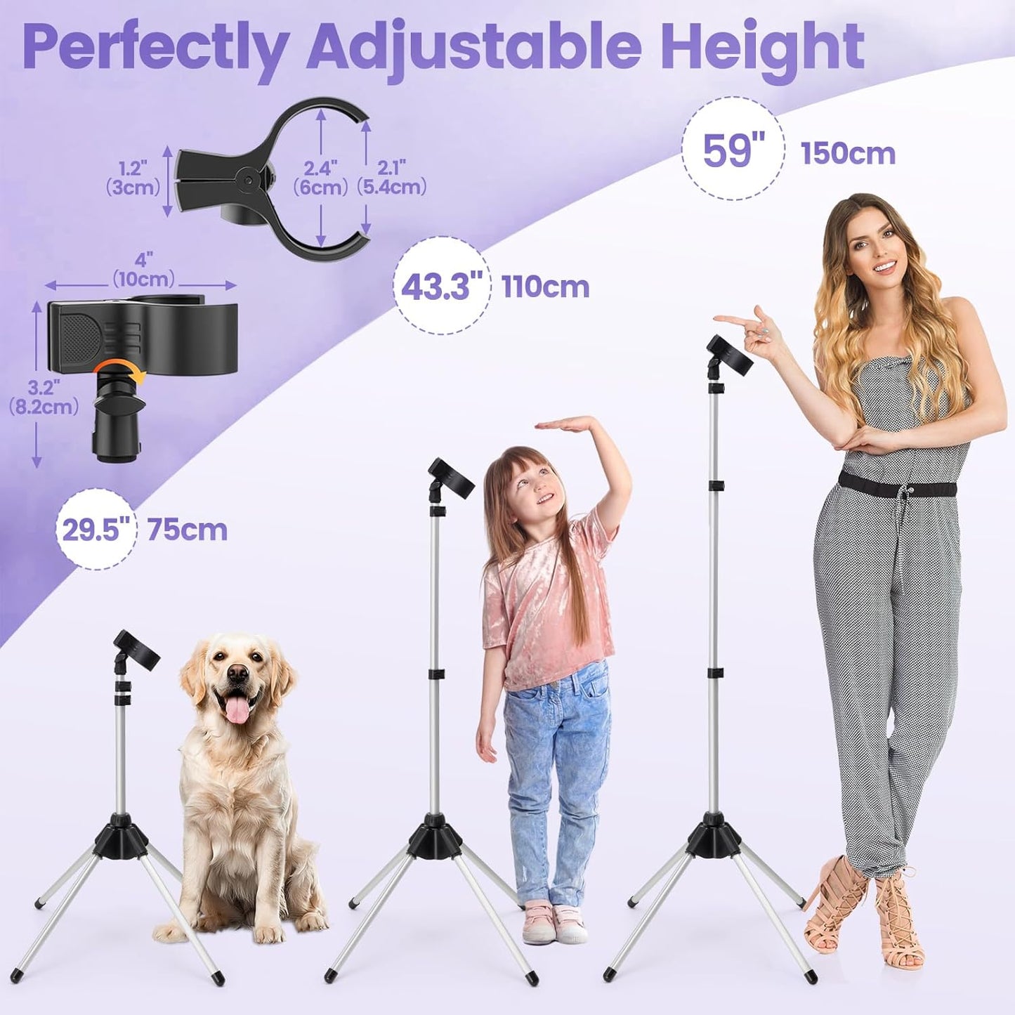 Adjustable Hair Dryer Stand, 29-59 Inch Hair Dryer Holder with Tripod and Universal Clip, 360-Degree Rotating Blow Dryer Stand for Bathroom, Vanity, Makeup Room