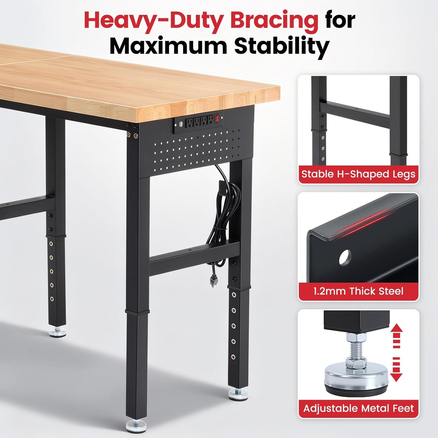 Workbench 84 Inch Heavy Duty Rubber Wood Top Work Bench Adjustable Height Work Table 5000 Lbs Load Capacity with Power Outlets & Extended Pegboard for Garage, Home, Office
