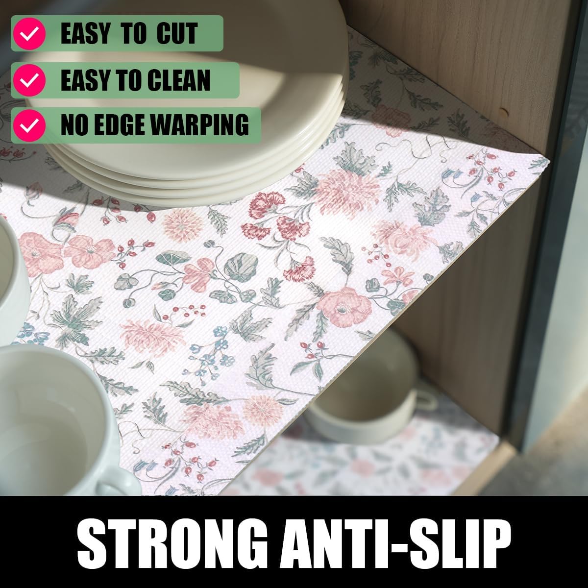 Floral Drawer and Shelf Liner for Cabinets, 12IN x 20FT Non-Adhesive and Strong Non-Slip Shelf Cabinet Drawer Liners for Kitchen, Table,Bookshelves,Waterproof Cupboard Liners,Easy to Clean