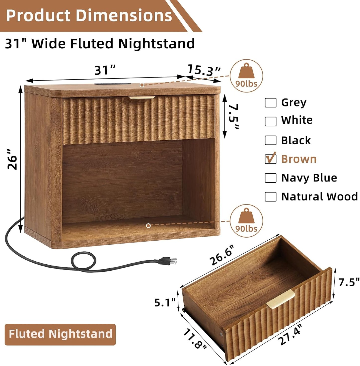 LEYAOYAO 31" Wide Fluted Nightstand with Charging Station, Oversized Extra Large 1 Drawer Night Stand with Golden Handle, Brown Wood Bedside Table Tall End Tables,for Bedroom, Living Room, Hallway