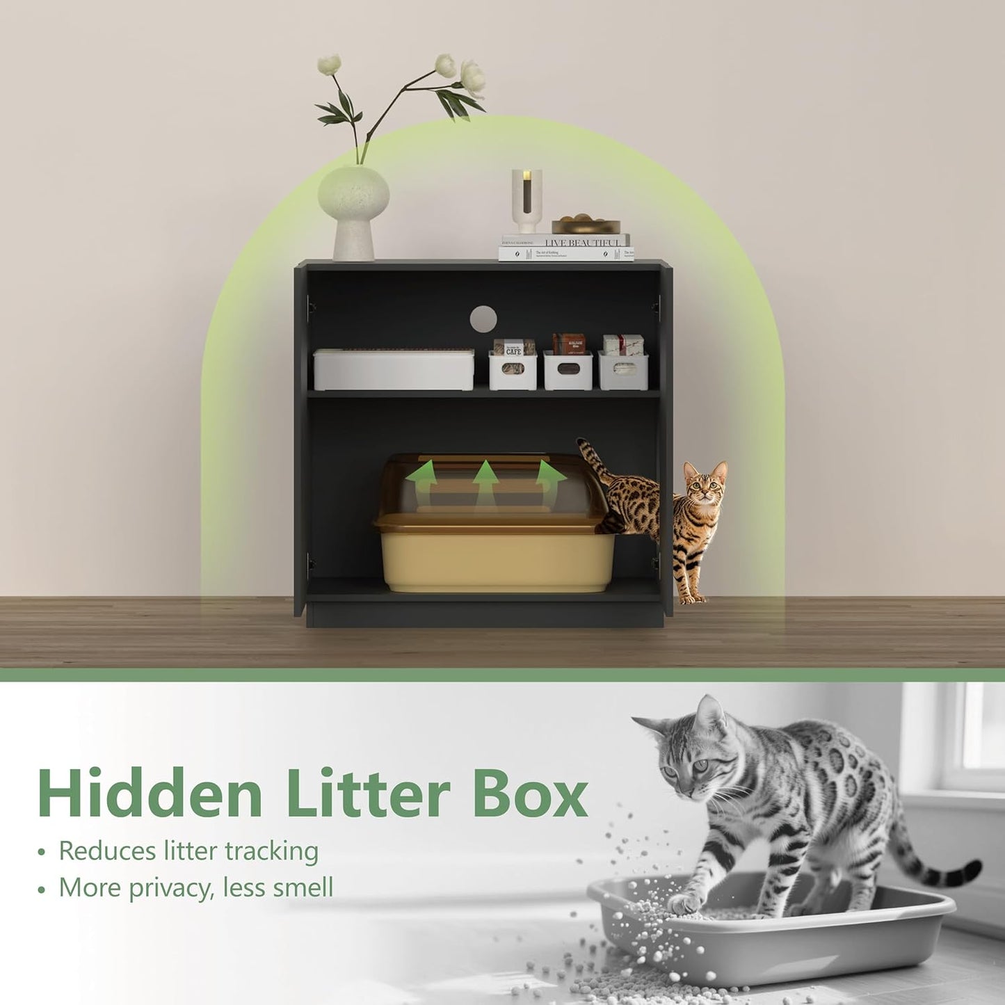 Large/Tall Litter Box Enclosure, Modern Wooden Litter Box Furniture for XL Litterbox with Hidden Storage as Sideboard Cabinet (Black)