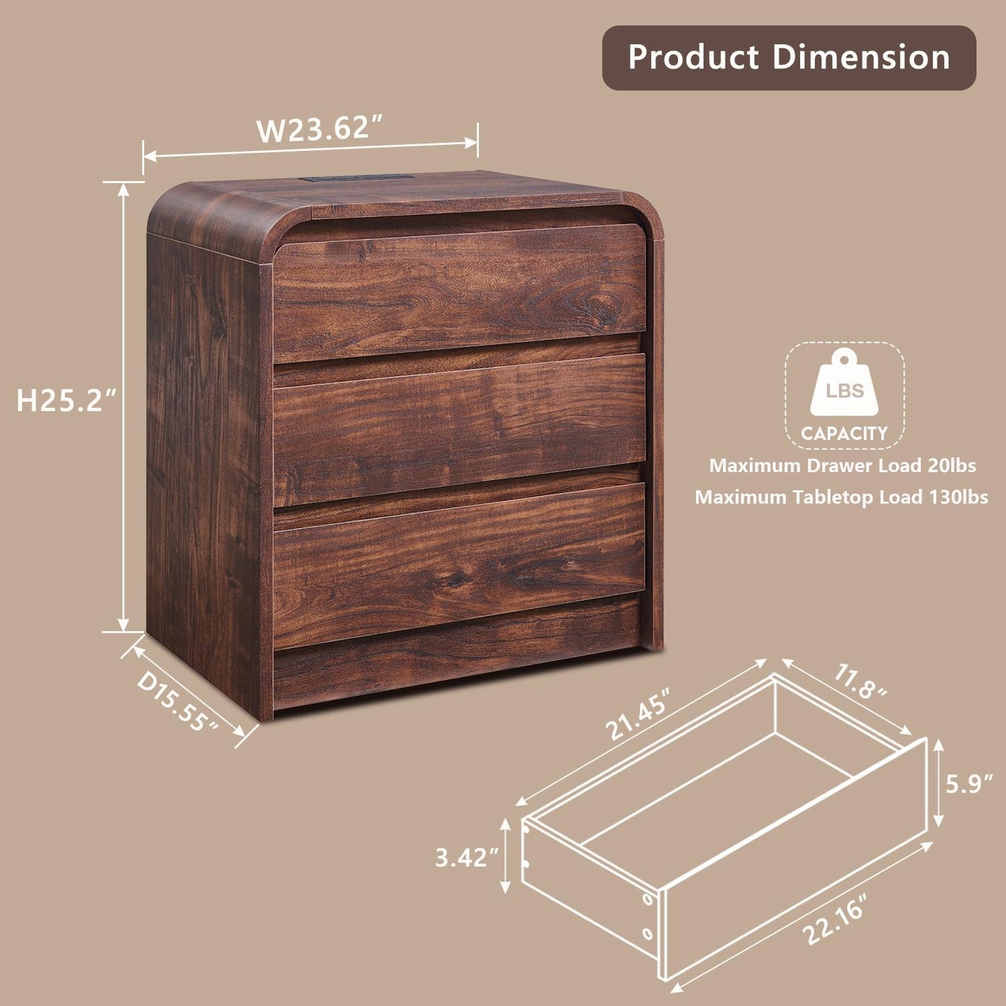25" Tall Modern Nightstand Set of 2, 23.6" Wide Wood Bedside Table with Charging Station, 3 Storage Drawers Side Table w/Curved Profile Design,End Table for Bedroom, Living Room, Brown