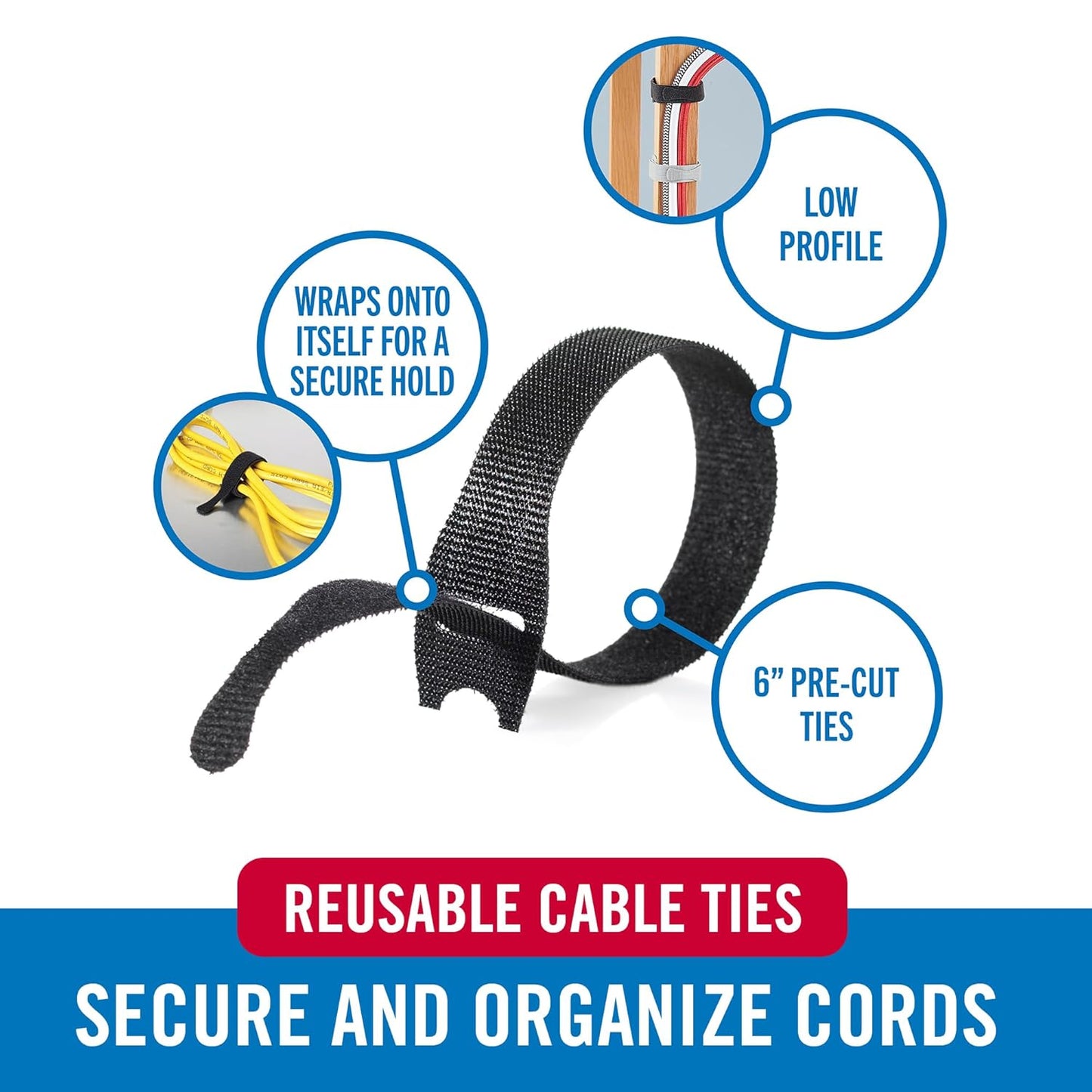 Velcro Brand Reusable Cable Ties – Mens Stocking Stuffers 2025, 100 Pack 6 Inch Cable Management Ties, Cord Wraps for Electrical Cords, Black