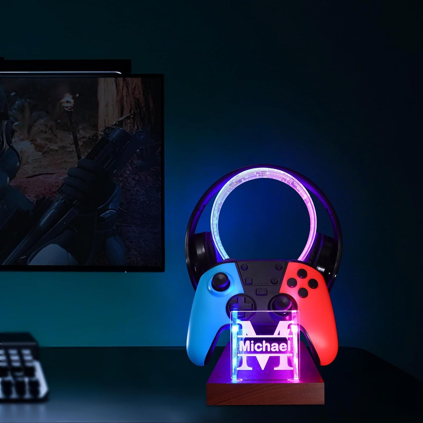 YuanDian Gamer Gifts for Teenage Boy, Desk Gaming Headset and Controller Stand with Blue Pink LED Night Light, Acrylic Wooden Controller Holder with PCB Pattern, Desk Decor Gift (Customized)