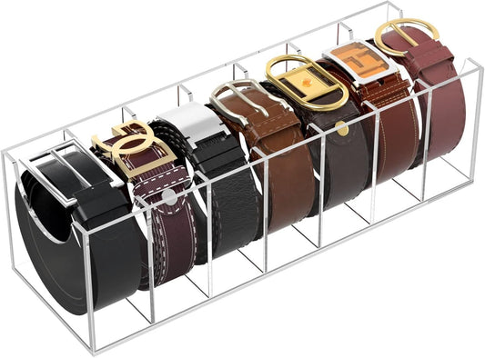 NIUBEE Belt Organizer, Acrylic Belt Storage Holder for The Closet, 7 Compartments Display Case for Tie and Bow Tie