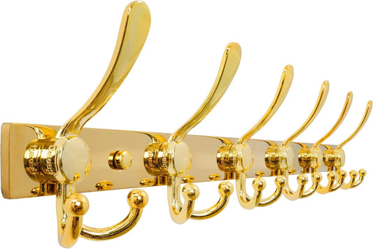Dseap Coat Rack Wall Mount 2.0 Pro: 24” Long, 3X Tougher, Heavy Duty Stainless Steel Wall Coat Hanger with 6 Tri Hooks for Clothes Jackets Hats Entryway Closet, Gold