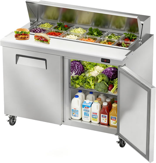 48" W Commercial Refrigerator Sandwich Salad Prep Table, Stainless Steel 2-Door Sandwich Prep Table Refrigerator, Counter Fan Cooling Refrigerator with 12 Pans for Restaurant, Bar
