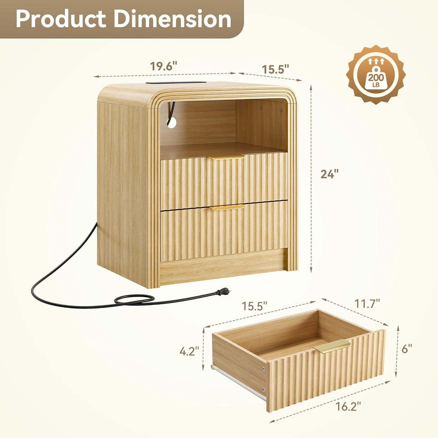 Fluted Nightstand with Charging Station, 19.7'' Wide Morden End Table with USB/Type-C Ports, 2 Drawers & Open Shelf, Curved Profile Design, Wood Bedside Table for Bedroom (Natural Oak)
