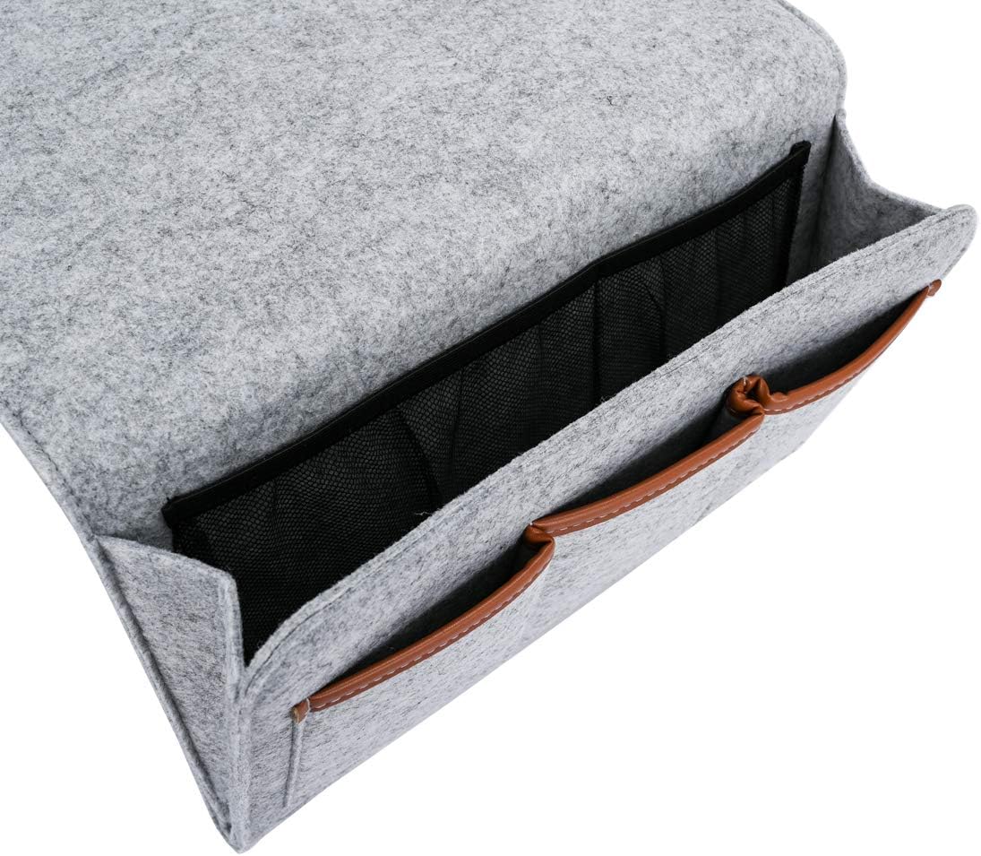 Bedside Caddy, 6 Pockets Large Size Bedside Storage Organizer Bedside Organizer Caddy for Magazine Remotes Phone (13.4'' x 18.1'', Light Grey)