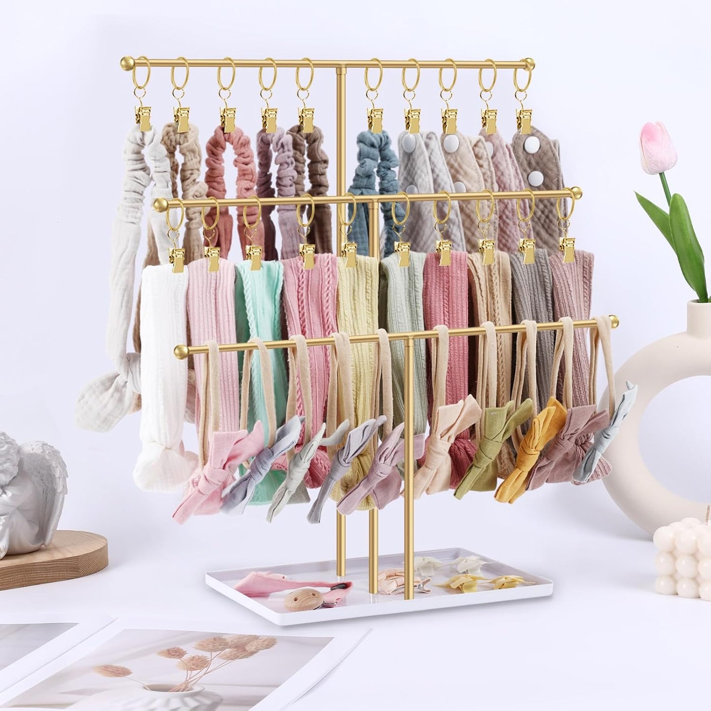 POVETIRE Headband Holder Stand Storage for Baby, 3 Tier Wooden Bow Organizer for Girls Hair Bows, Infant Hair Accessories Rack Display for Nursery Decor