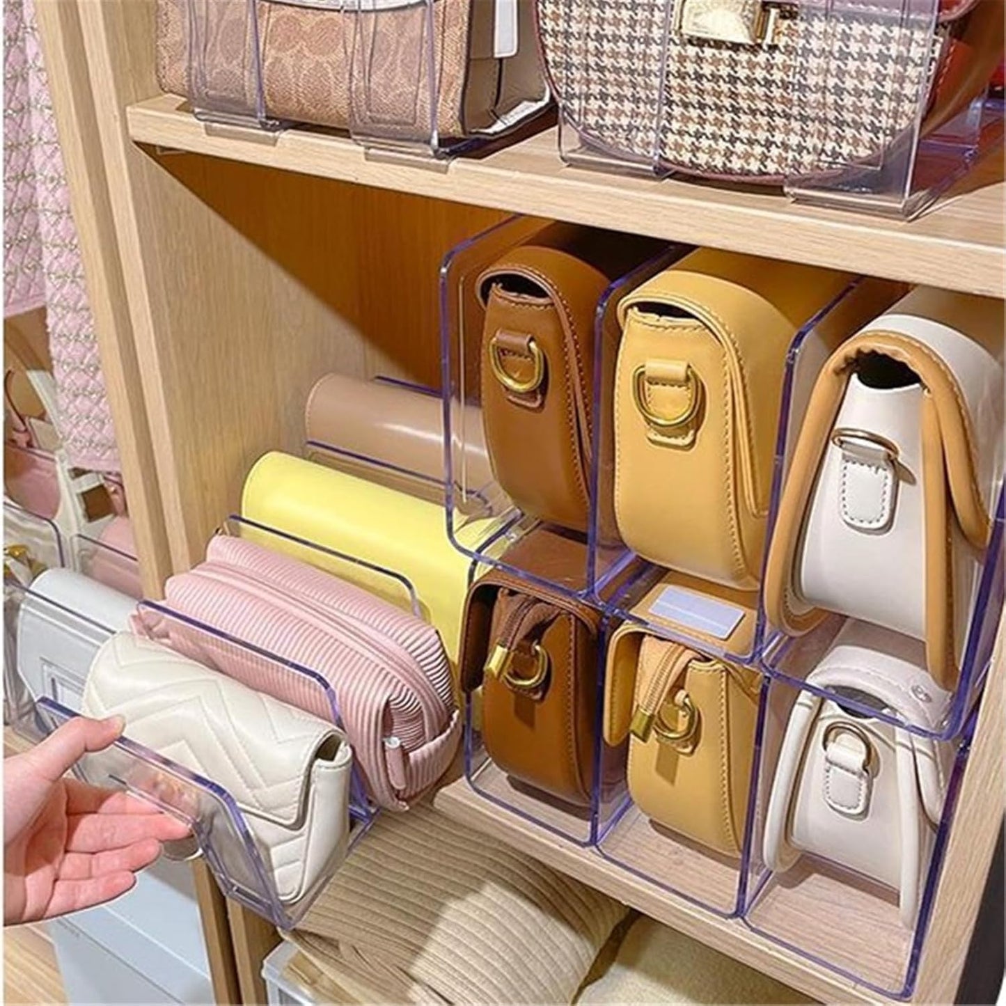YAGELI Clear Acrylic Purse/Handbag Organizer - 3 Sections Divider for Closet Storage - Sturdy Organizer Rack for Purses, Handbags, and Clutches (4Pack-3Sections)