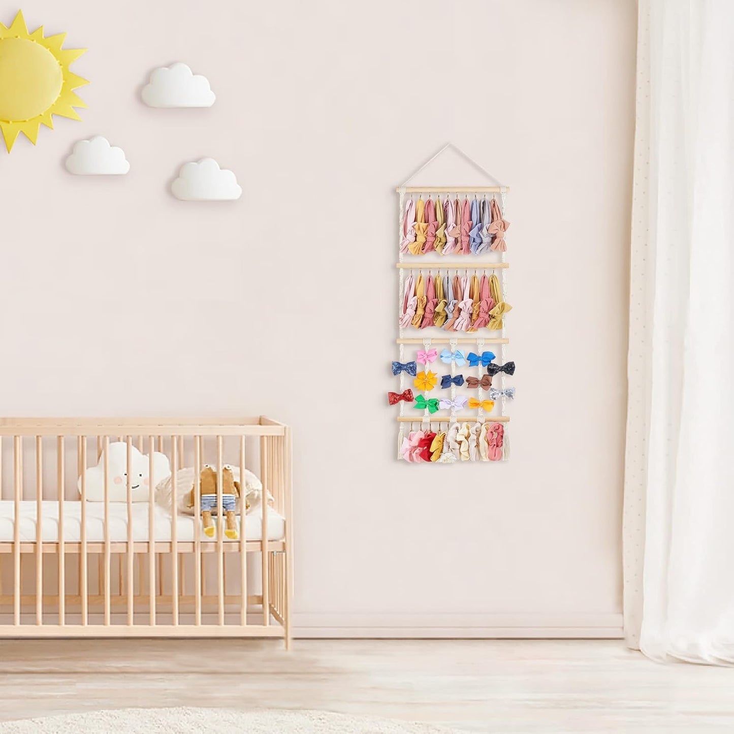 Dahey Headband Holder Bow Organizer for Girls Hair Bows Macrame Bow Holder Hair Accessories Hanger Necklace Display with 30 Hooks Wall Hanging Over Door Organizer Boho Nursery Decor for Baby's Room