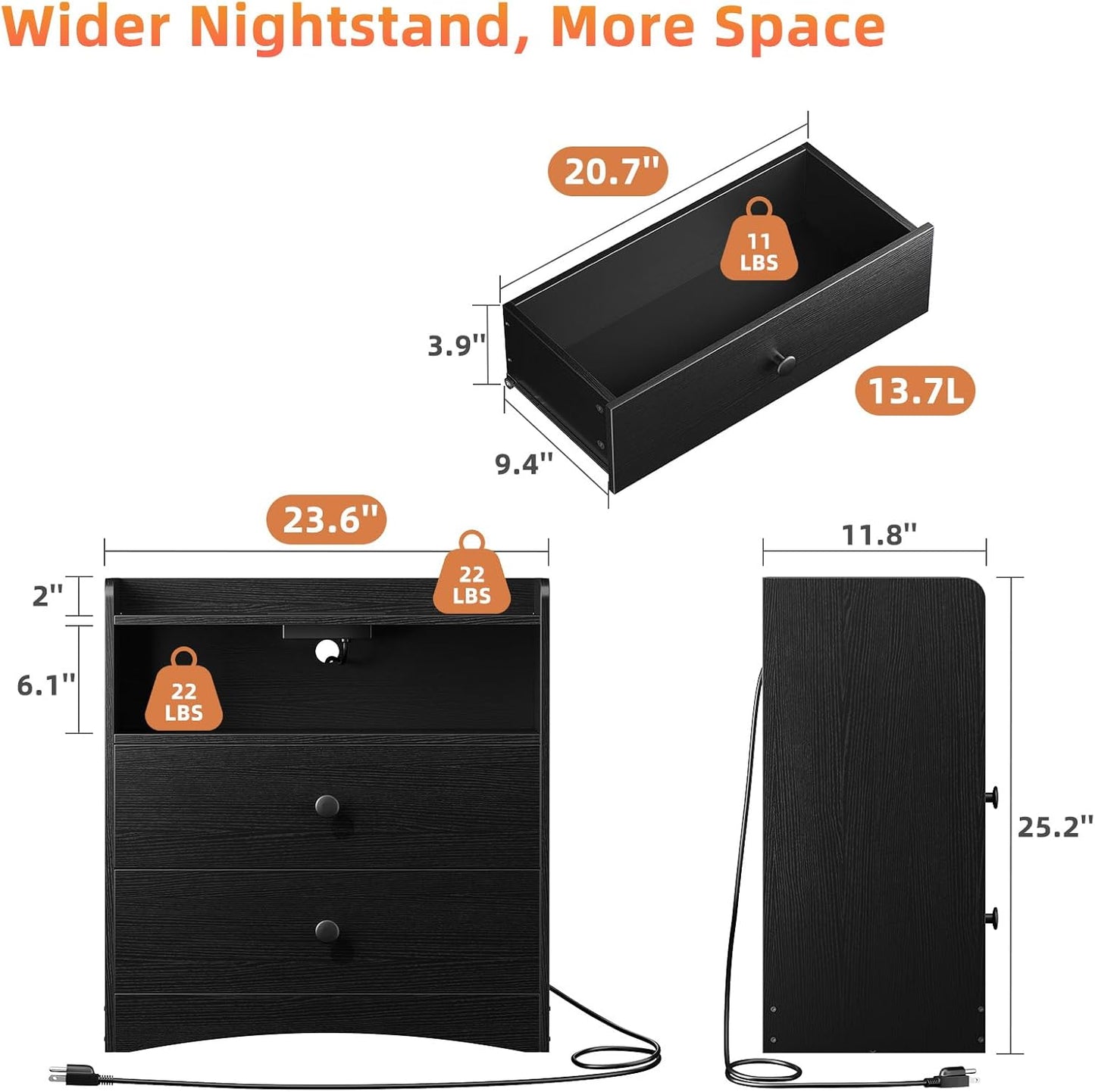 Nightstand with Charging Station and LED Light,Modern Nightstand with USB Ports and Outlets,Wooden Bedside Tables with 2 Storage Drawers,Small Dresser for Bedroom Small Space,Black