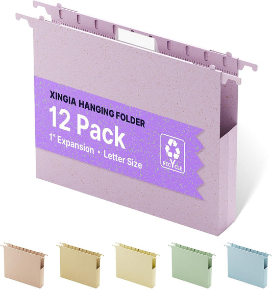 Letter Size Hanging File Folder Extra Capacity,Heavy Duty 1'' Expansion,Wheat Straw Plastic Filing Cabinet Folders,12 Pack Reinforced Morandi Purple File Organizer for File Frame File Box
