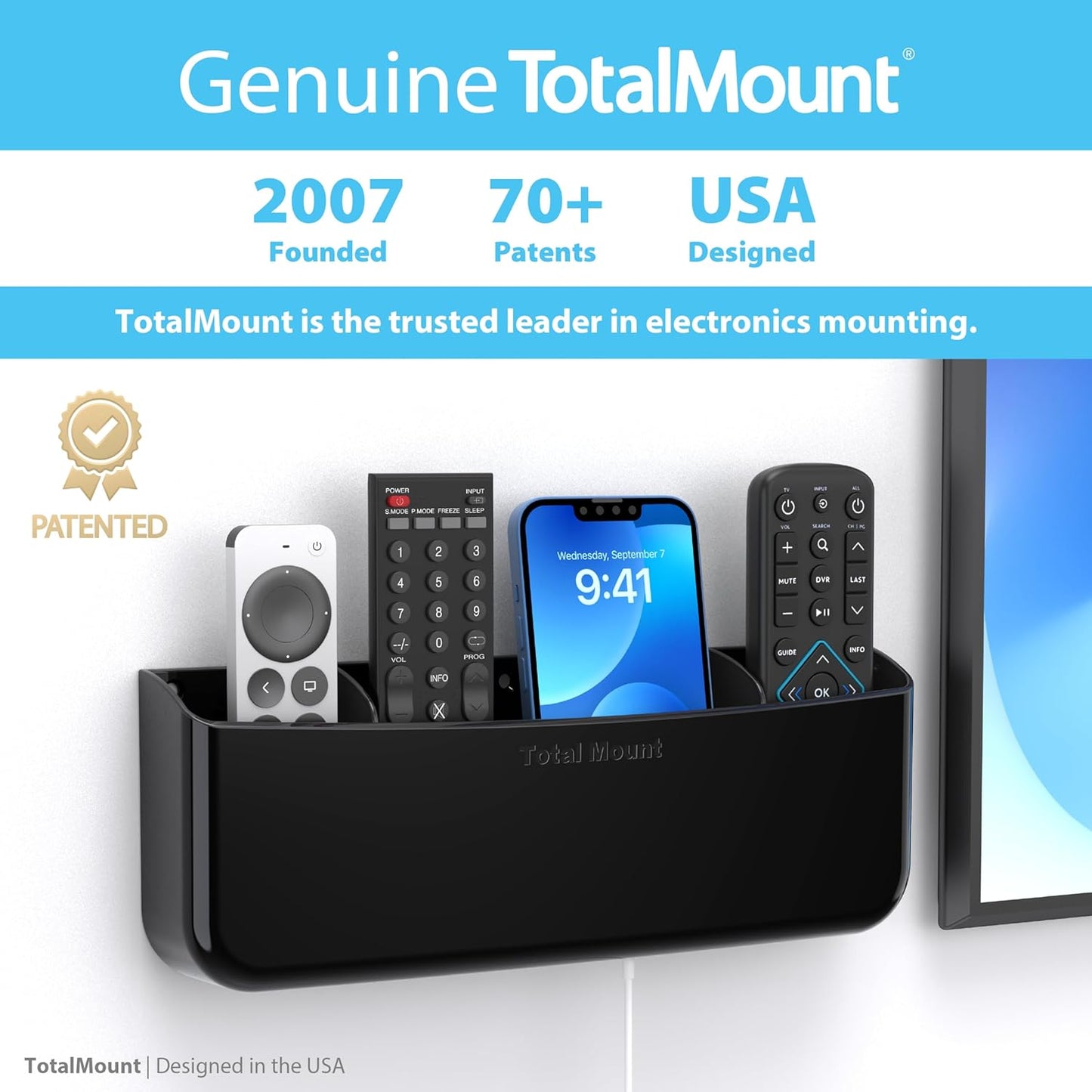 TotalMount Hole-Free Remote Holder – Eliminates the Need to Drill Holes in Your Wall (Premium Black Remote Control Holder for 5 or 6 Remotes)