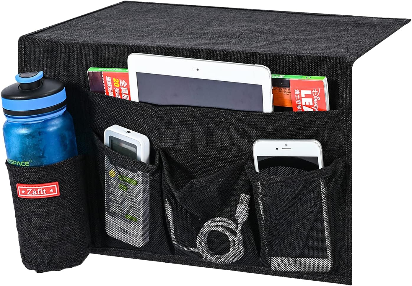 Linen 5 Pockets Bedside Caddy, Bedside Storage Organizer with Water Bottle Holder for Magazine, Remotes, Phone (Black)