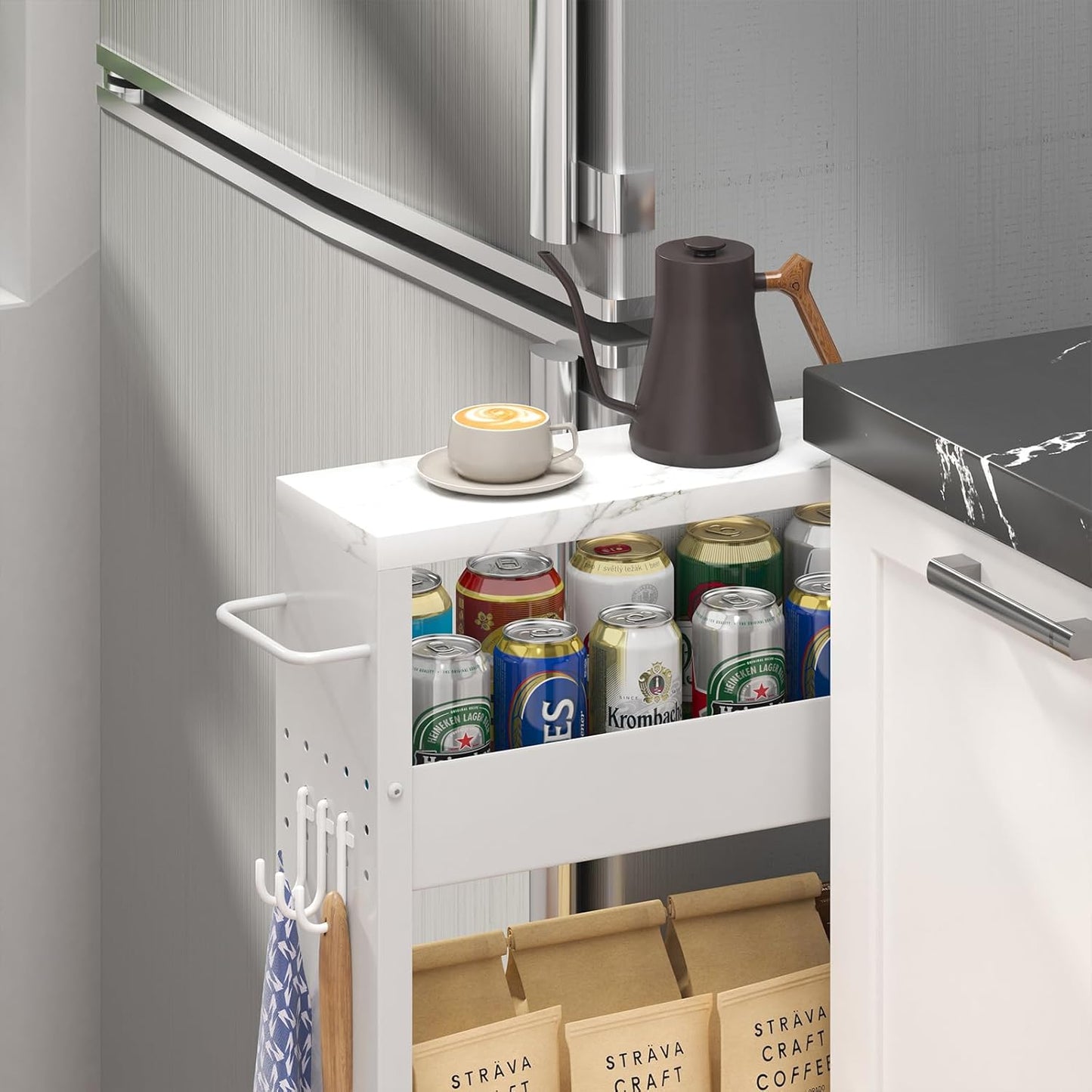 Slim Storage Cart, 4-Tier Kitchen Rolling Cart Narrow Storage Cabinet with Handle & Wheels, Metal Rolling Shelf Unit for Kitchen Bathroom Laundry Small Places(5 in Width/White)