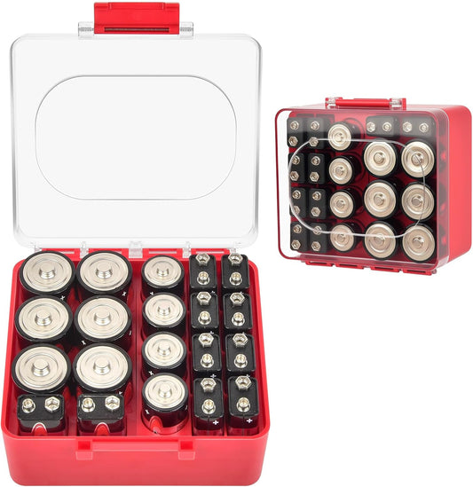 FULLCASE Battery Storage Organizer Box, Holder Container for 20 C D 9V Batteries, Plastic Home Batteries Variety Pack Protective Organization(Case Only) Red