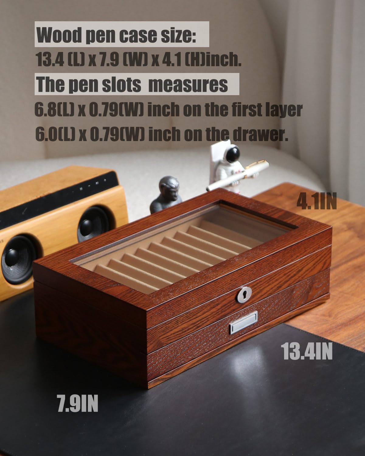 Wood Fountain Pen Case, 24 Slot Storage Organizer with Drawer, Glass Top Display Box for Collection