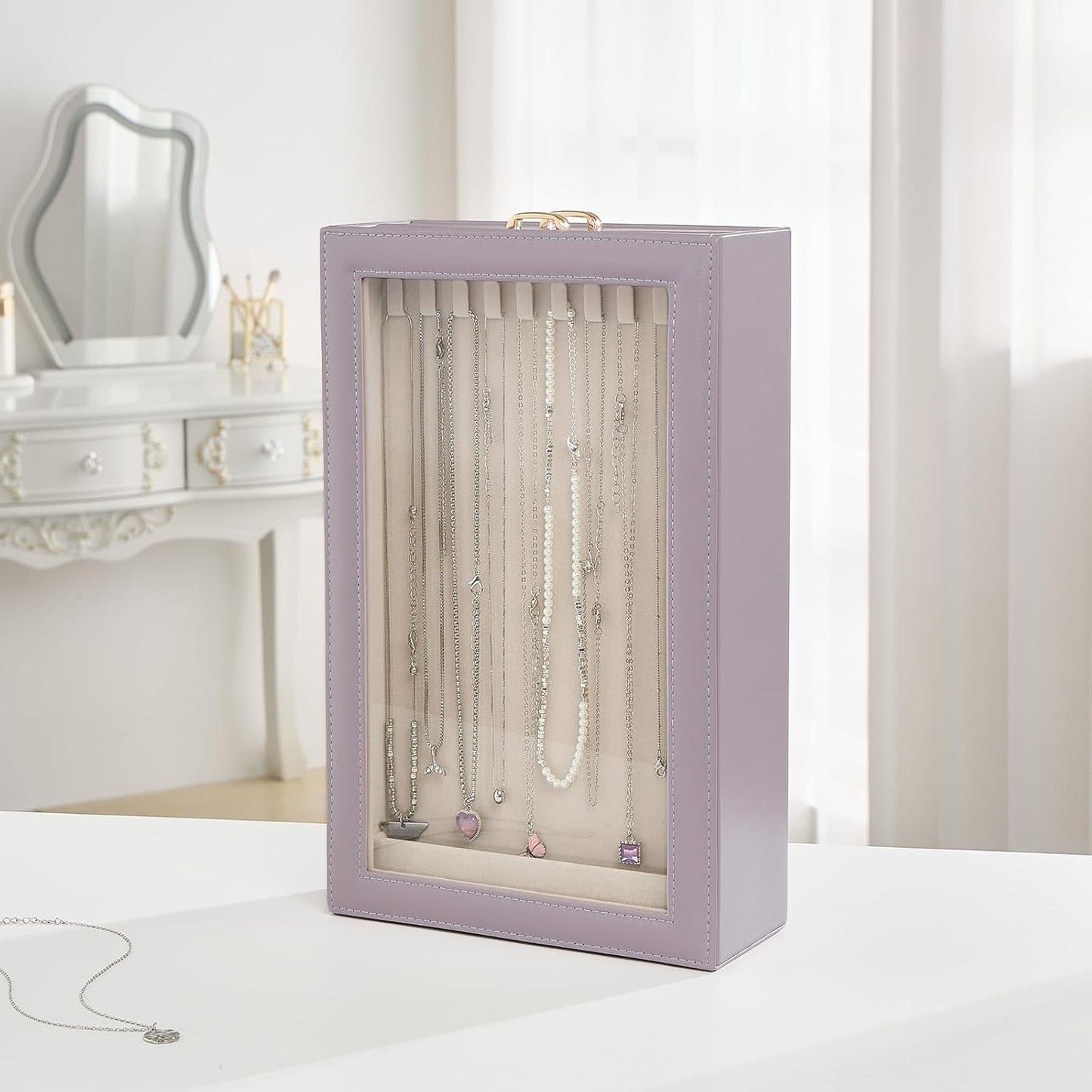 Lolalet Necklace Organizer Box, 2-Layer Jewelry Storage Boxes with Clear Lid for Necklaces, Tangle-Free Necklace Display Case for Women Girls -Dusty Purple