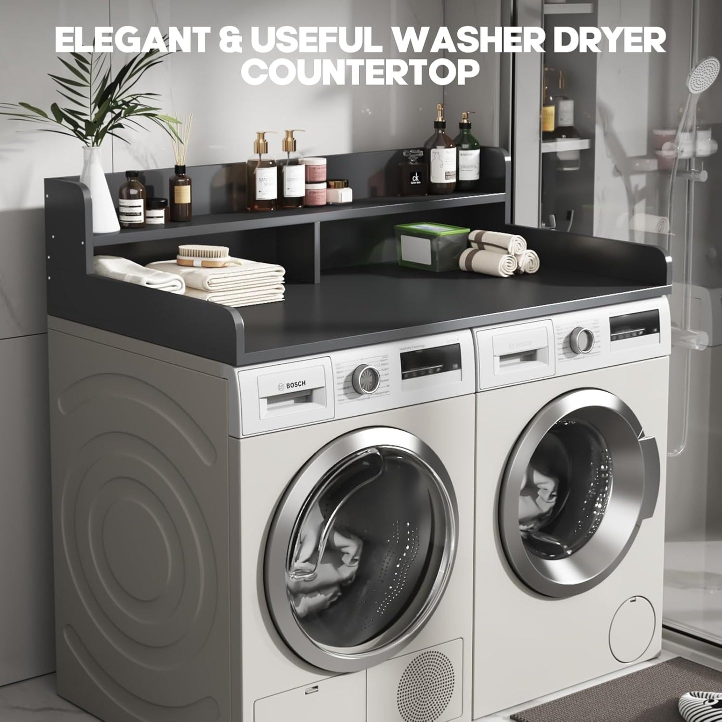 2-Tier Washer and Dryer Countertop with 2.75" H Guard,54" W x 27.5" D Laundry Countertop Cover with Non-Slip Pad,Large Space Laundry Topper for Folding Clothes Over Washer and Dryer-Black