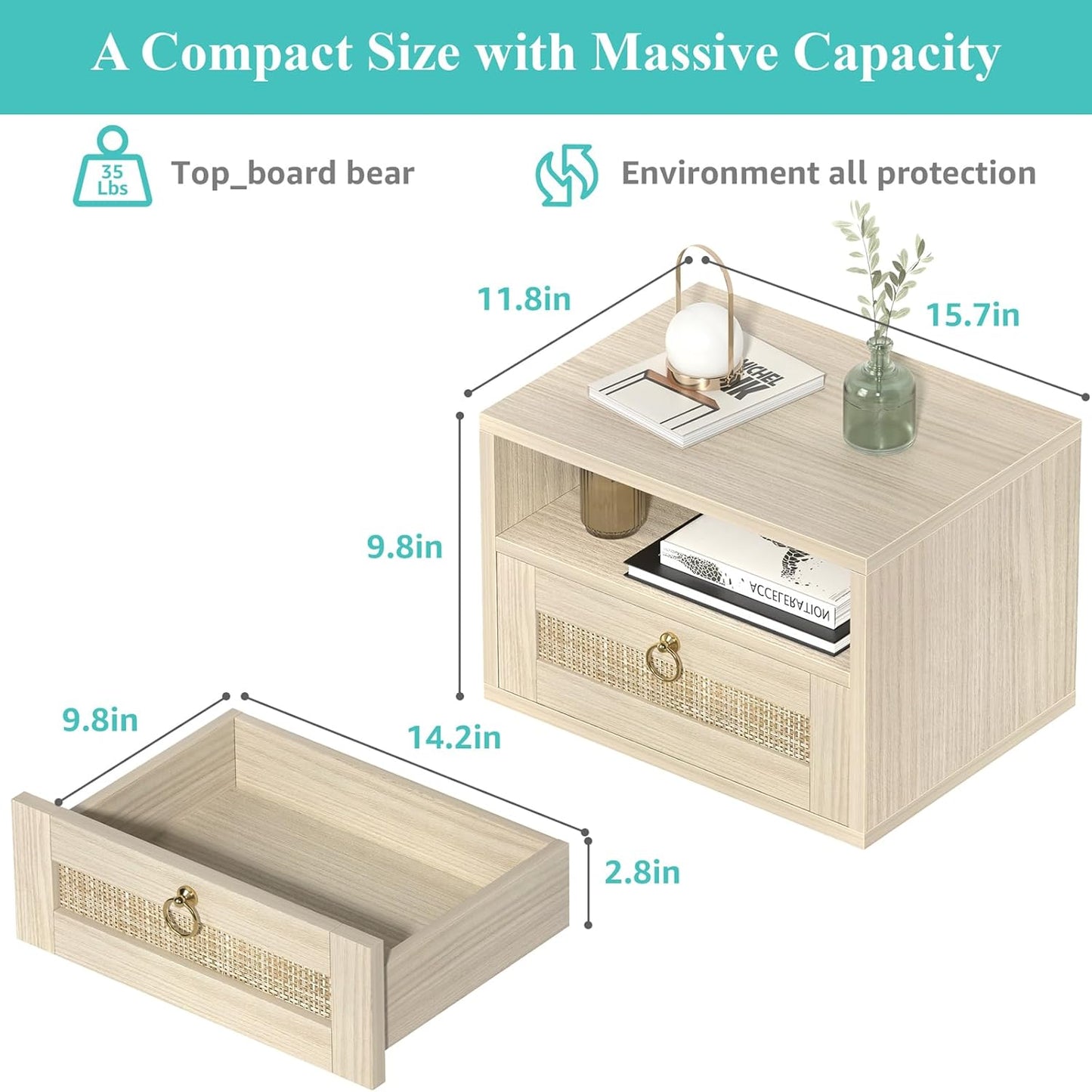 Floating Nightstand Set of 2 with Drawer for Wall Mounted Hanging Rattan Night Stand Bed Side Tables Wooden End Table Small Boho Dressers for Bedroom Farmhouse Shelves with Drawers