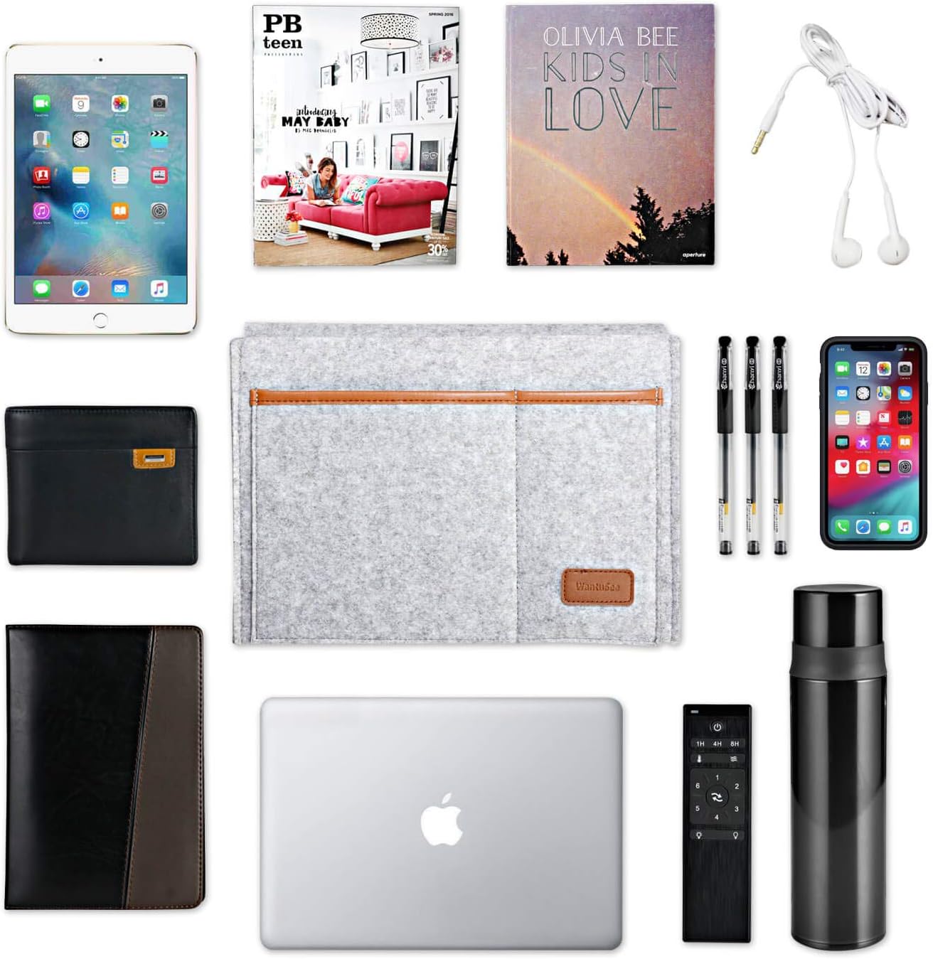Bedside Caddy, Felt Bed Storage Organizer Hanging Bag Holder with 5 Pockets, Magazine Book Phone Tablet iPad Cables Remote and Water Bottle Holder for Home Dorm Bed Sofa, Light Gray