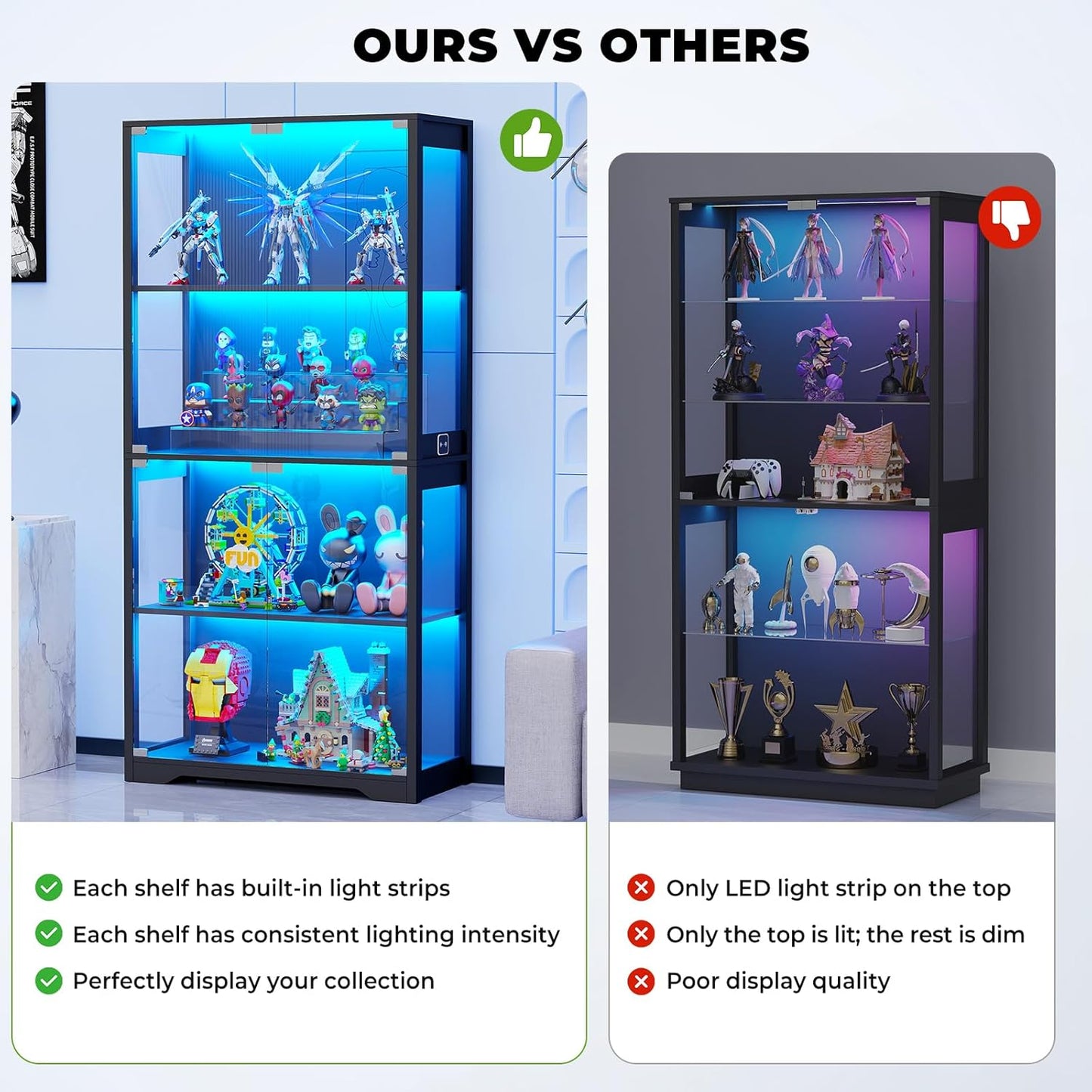 Display Cabinet with Glass Doors, 4-Tier Curio Cabinet with 3 Color Lights for Collectibles, Glass Display Case with Human Body Sensor, Bookcase with 4 Shelves, Storage Cabinets, Black