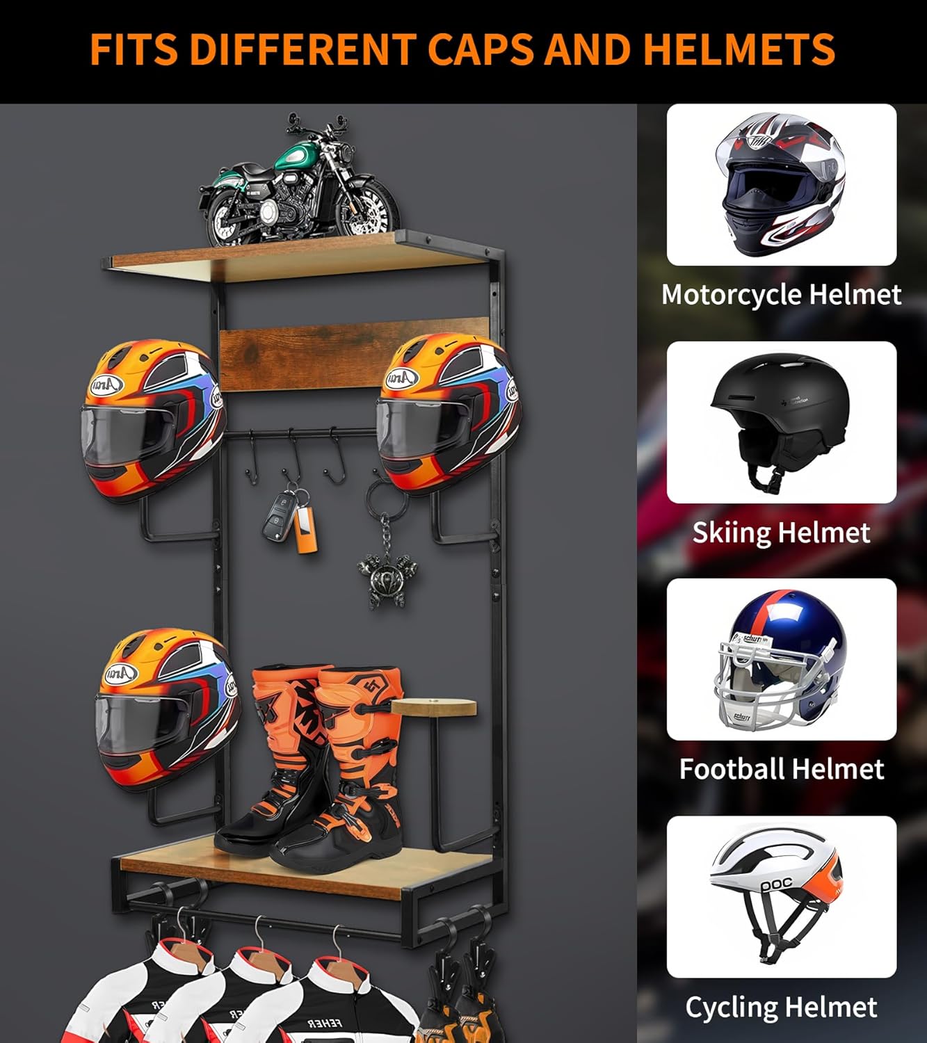 Motorcycle Helmet Rack Wall Mount, Retro Rust Helmet Holder with Wood Floating Shelf and Hooks for Storage