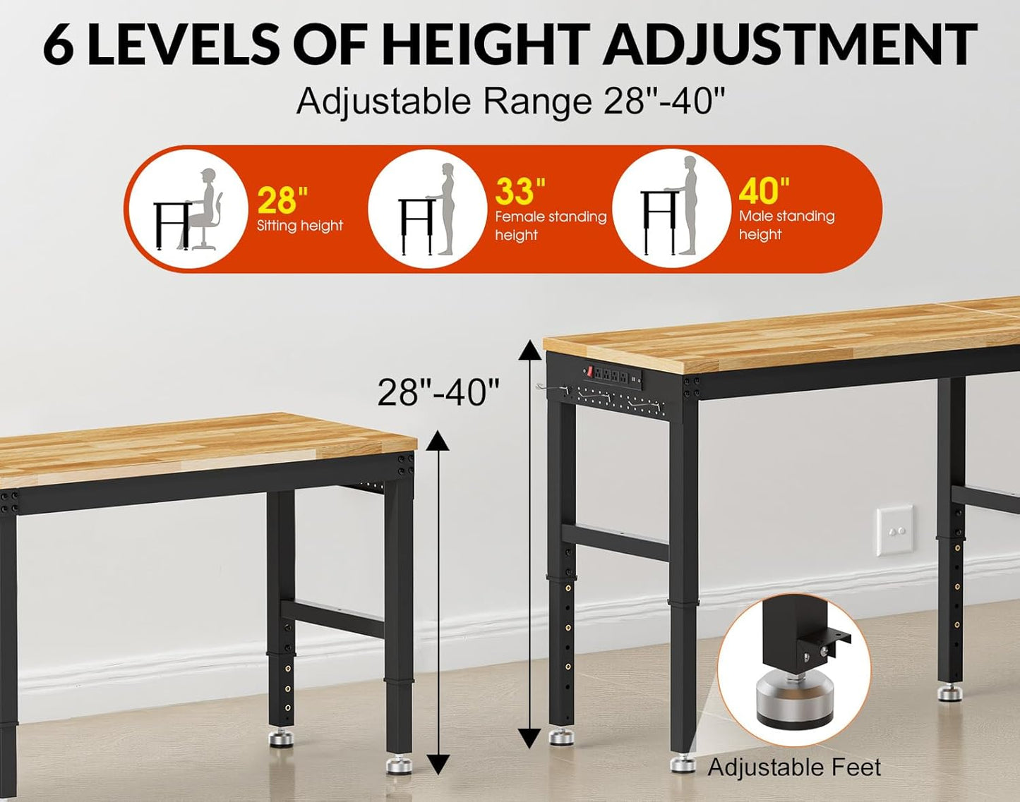 84” Heavy Duty Work Bench, 2-Layer Adjustable Workbench, 5000 LBS Capacity Work Bench with Power Outlet & Pegboard, Rubber Wood Work Table for Garage, Workshop, Office, Home