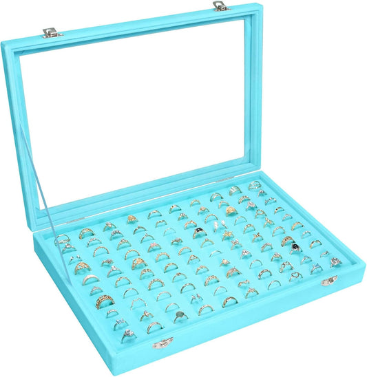 Velvet Ring Display Tray Organizer Box with Transparent Lid, 100 Slot Ring Holder Showcase For Store Display Jewelry Show Home, Ring Organizer For Rings Earrings (Light Blue)