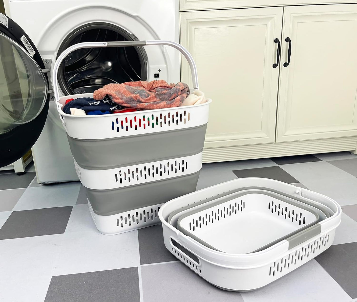 SAMMART 40L (10.5 Gallon) Collapsible Plastic Laundry Basket with Handles - Foldable Pop Up Storage Container/Organizer - Portable Laundry Hamper - Space Saving (2, White/Grey)