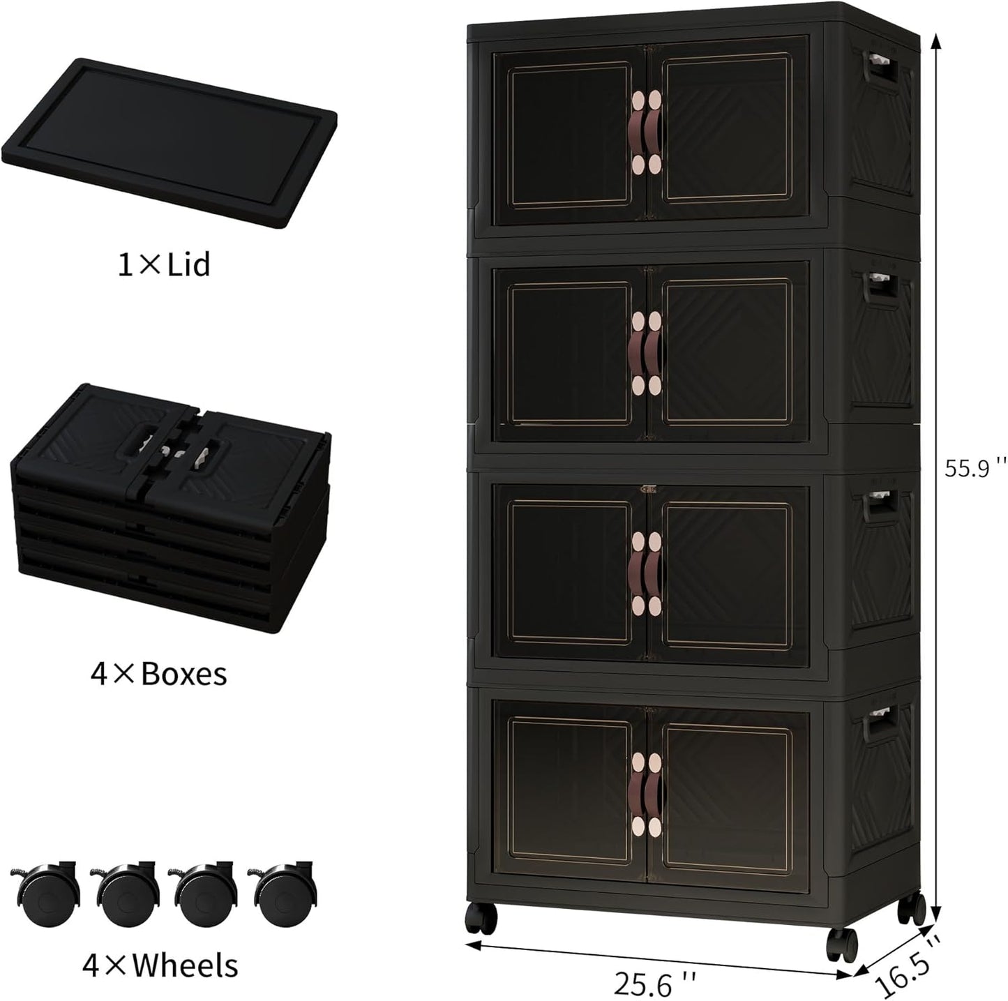 Storage Bins with Lids and Wheels, Collapsible Bathroom Storage Cabinet with Clear Doors, Plastic Stackable Closet Organizers and Storage Containers Black 398 QT