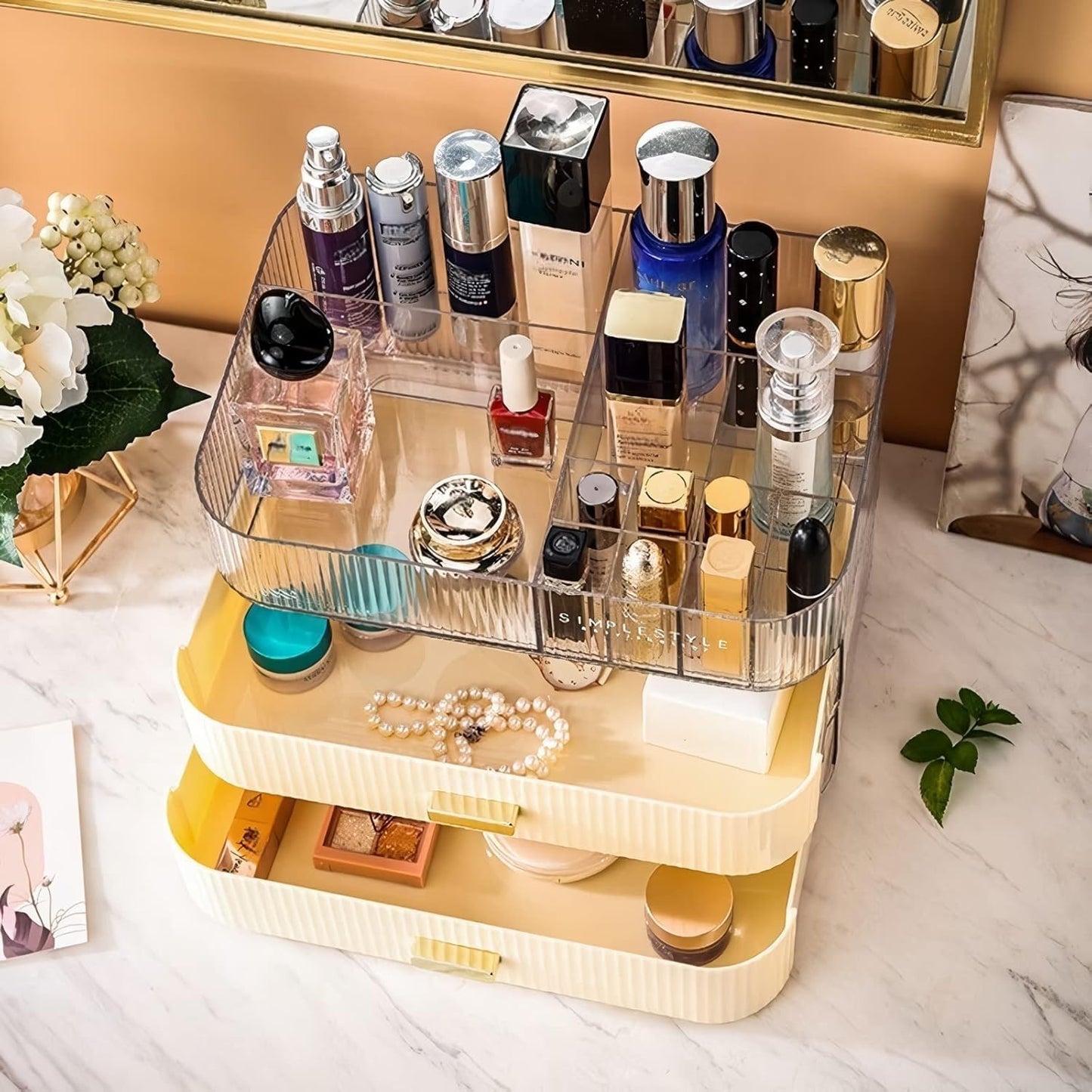 Makeup Organizer with Stackable Drawers, Bathroom Countertop Vanity Organizers and Storage, Ideal for Desk and Dresser, Great for Cosmetics, skin Care, Lipsticks, Nail Care -Cream White