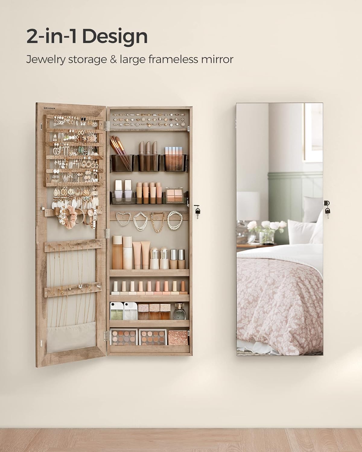 SONGMICS Mirror Jewelry Cabinet Armoire, Wall or Door Mounted Jewelry Storage Organizer, Hanging Lockable Frameless Mirror Cabinet with 2 Cosmetic Organizers, Christmas Gift Idea, Toasted Oak Color
