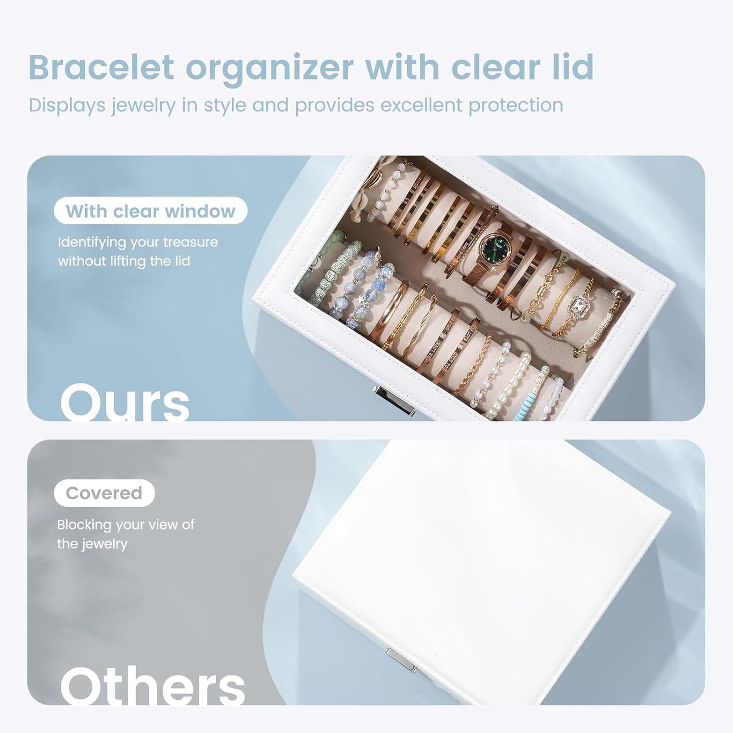 Lolalet Bracelet Display Holder with Rods for Bangles Watches, Clear Lid Jewelry Organizer Box Storage Case for Women Girls -White