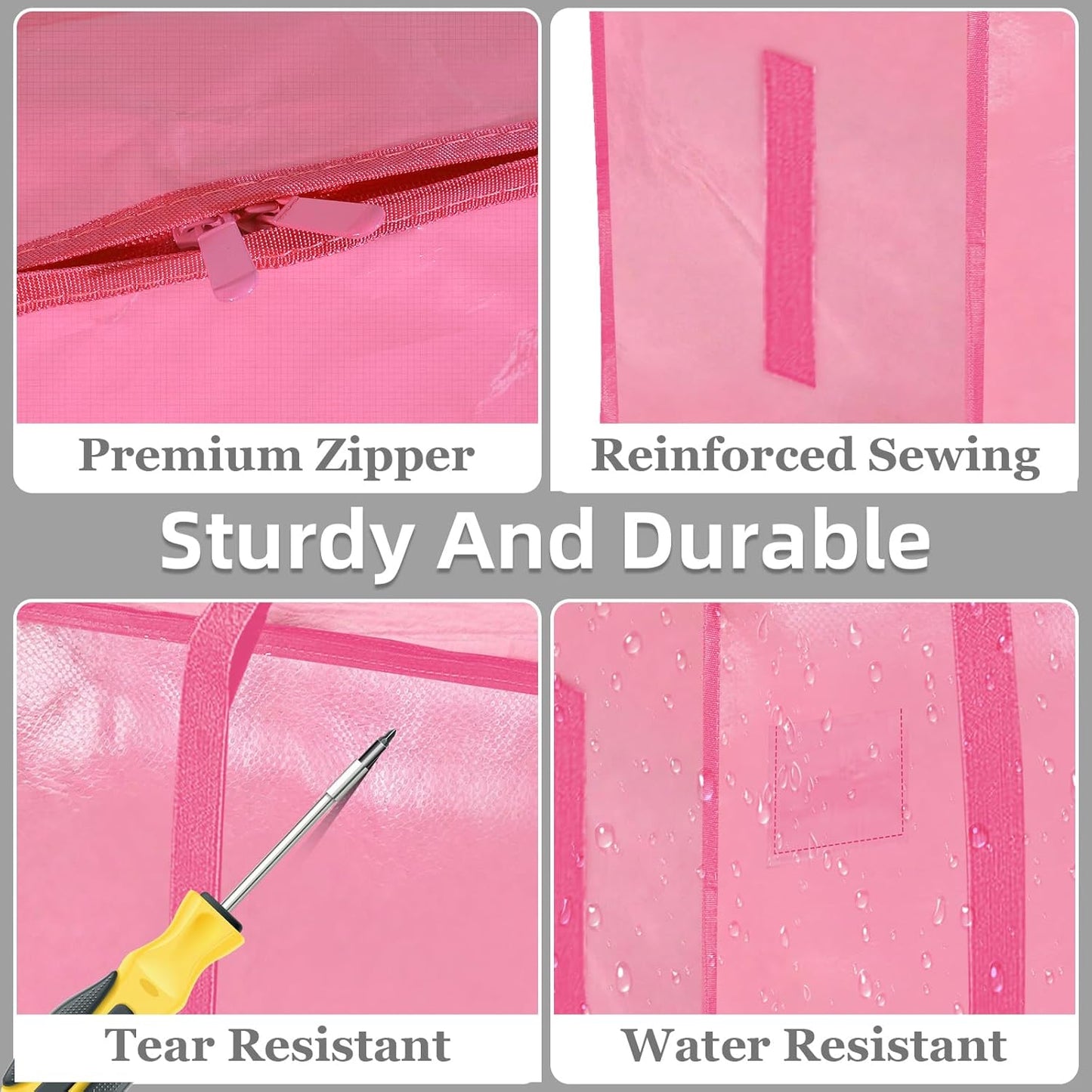8 Pack-Extra Large Heavy Duty Moving Bags - Waterproof Storage Totes with Handles & Zippers, Foldable for College Dorm, Storage (Pink)