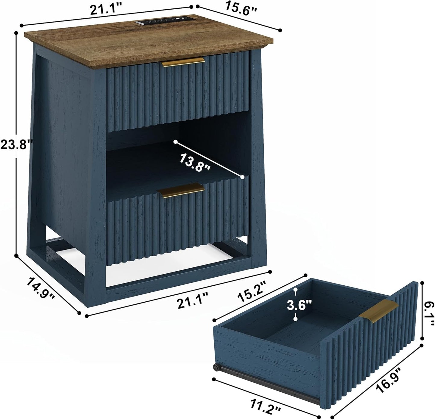 HIFYOBRO Fluted Nightstands with Charging Station & Motion Sensor Light, Modern Bedside Tables with 2 Drawers and Storage Shelf for Bedroom, Living Room,Blue